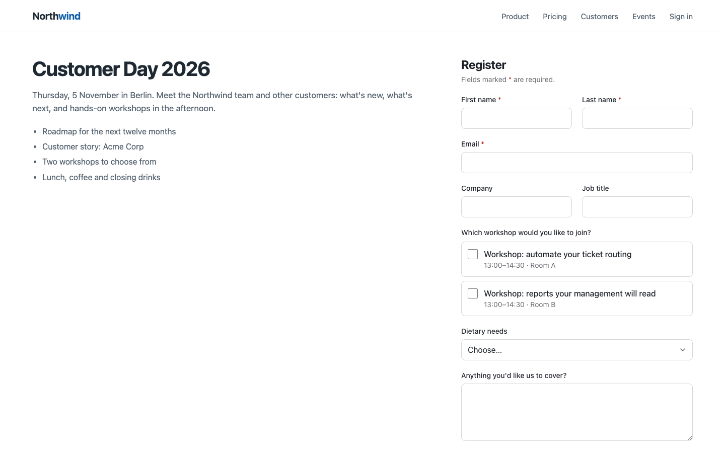 The registration form embedded next to the website's own text