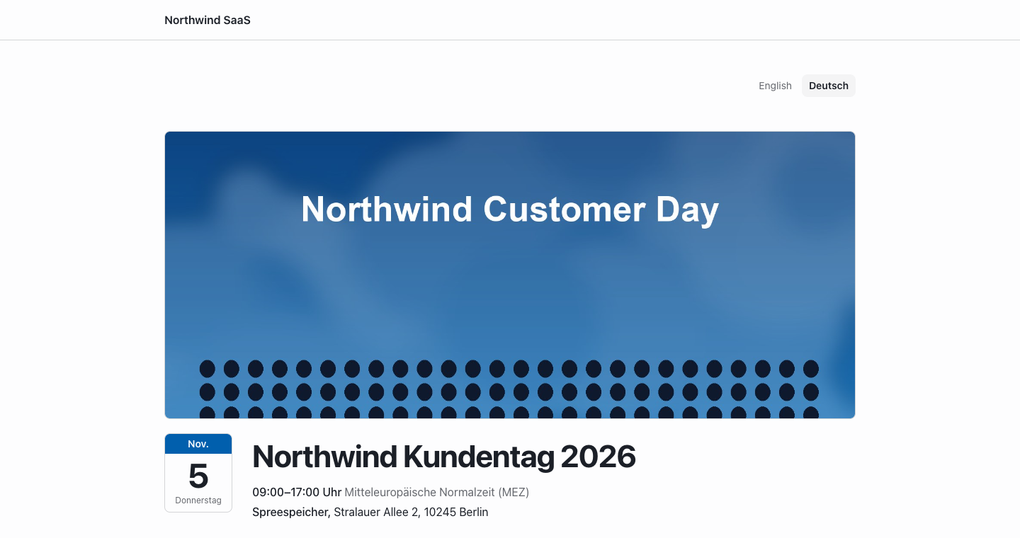 The event page in German, with the language switch at the top