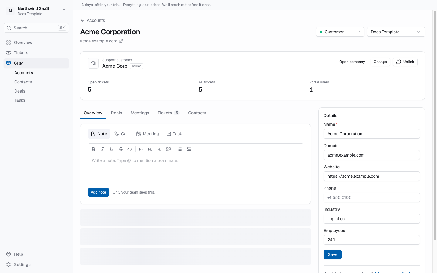 Account page with the support customer card, timeline and details