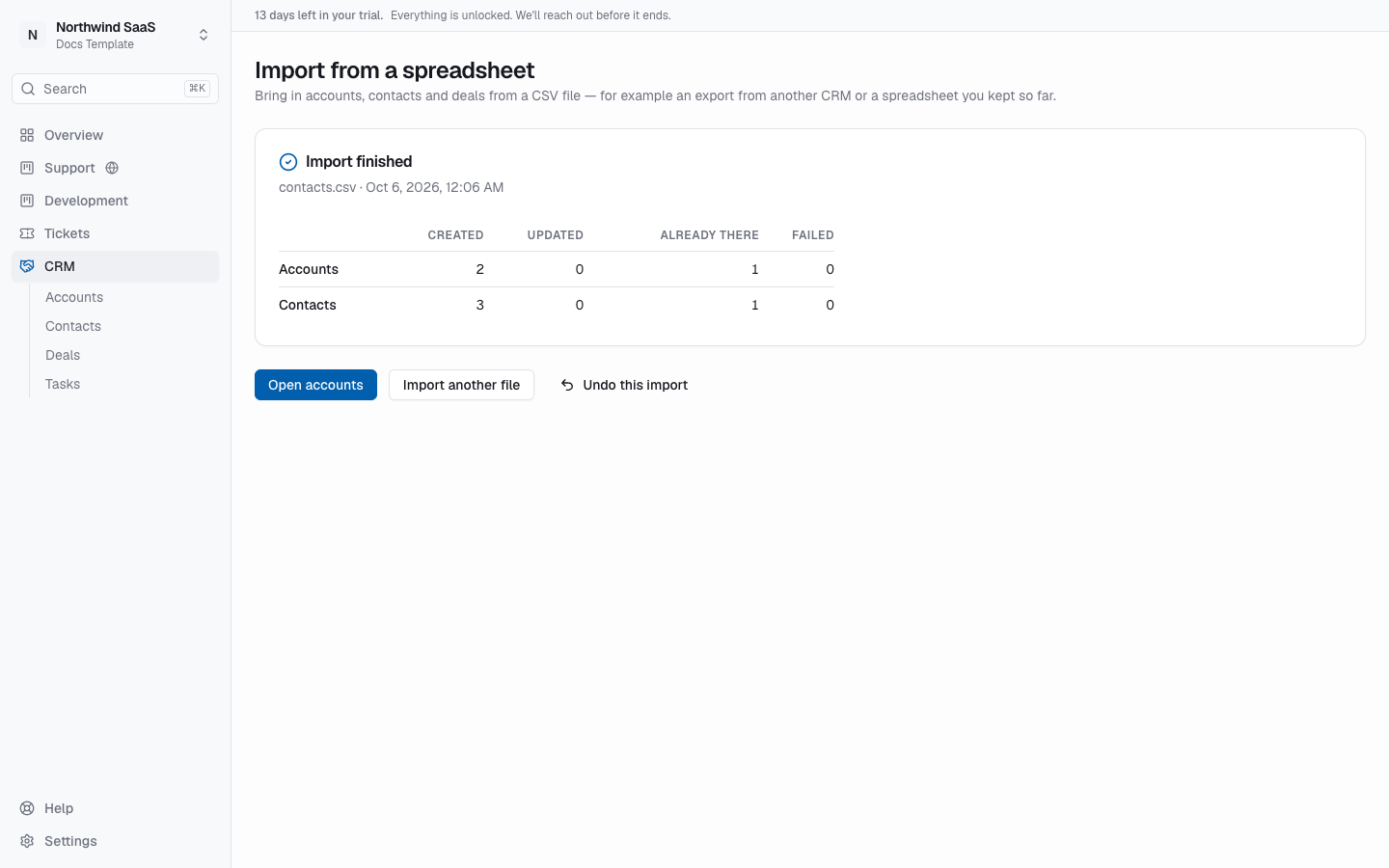 Import summary with the undo button