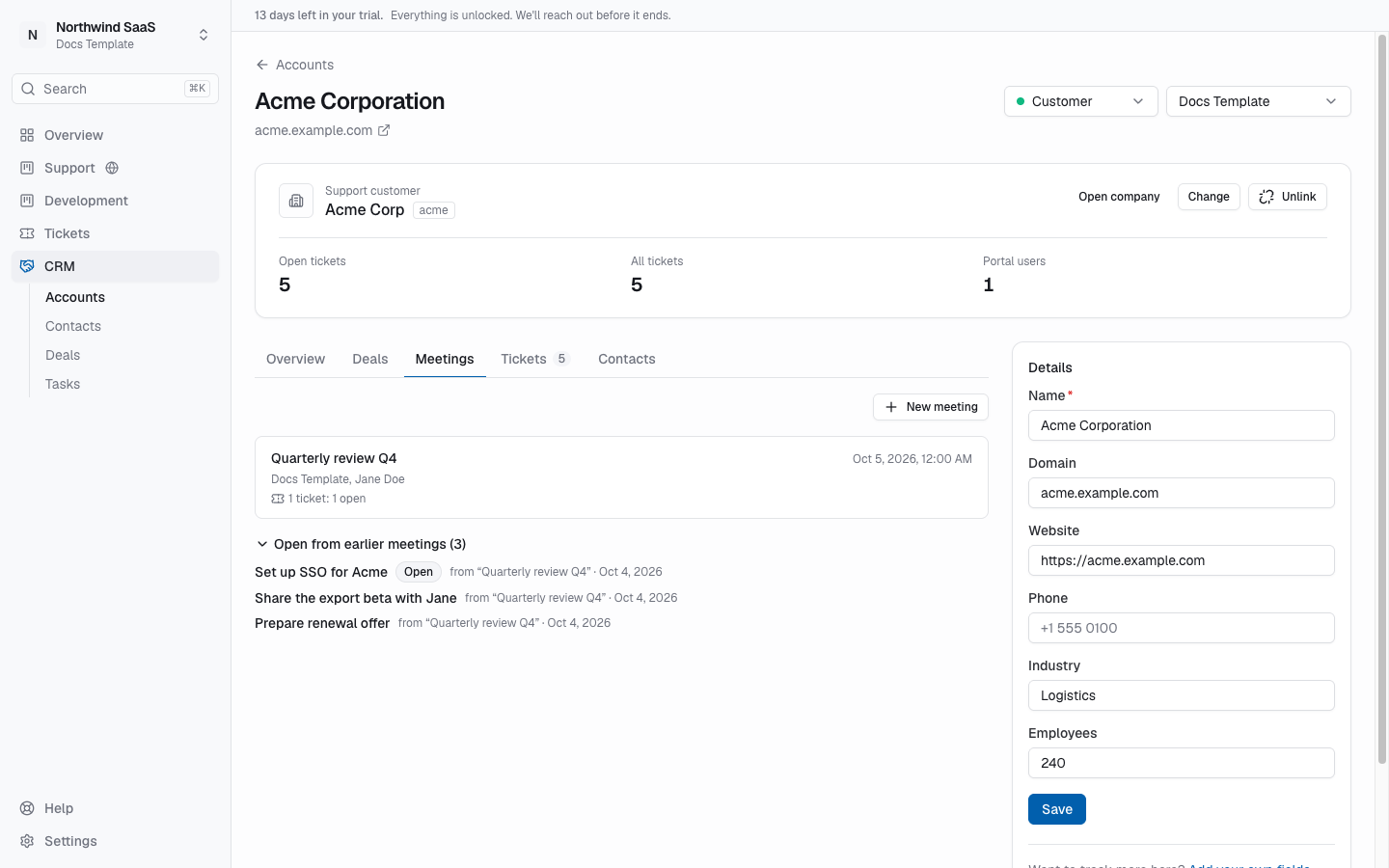 Meetings on an account with the next steps that came out of them