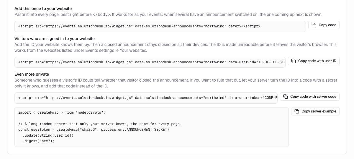 The snippets under Add this once to your website