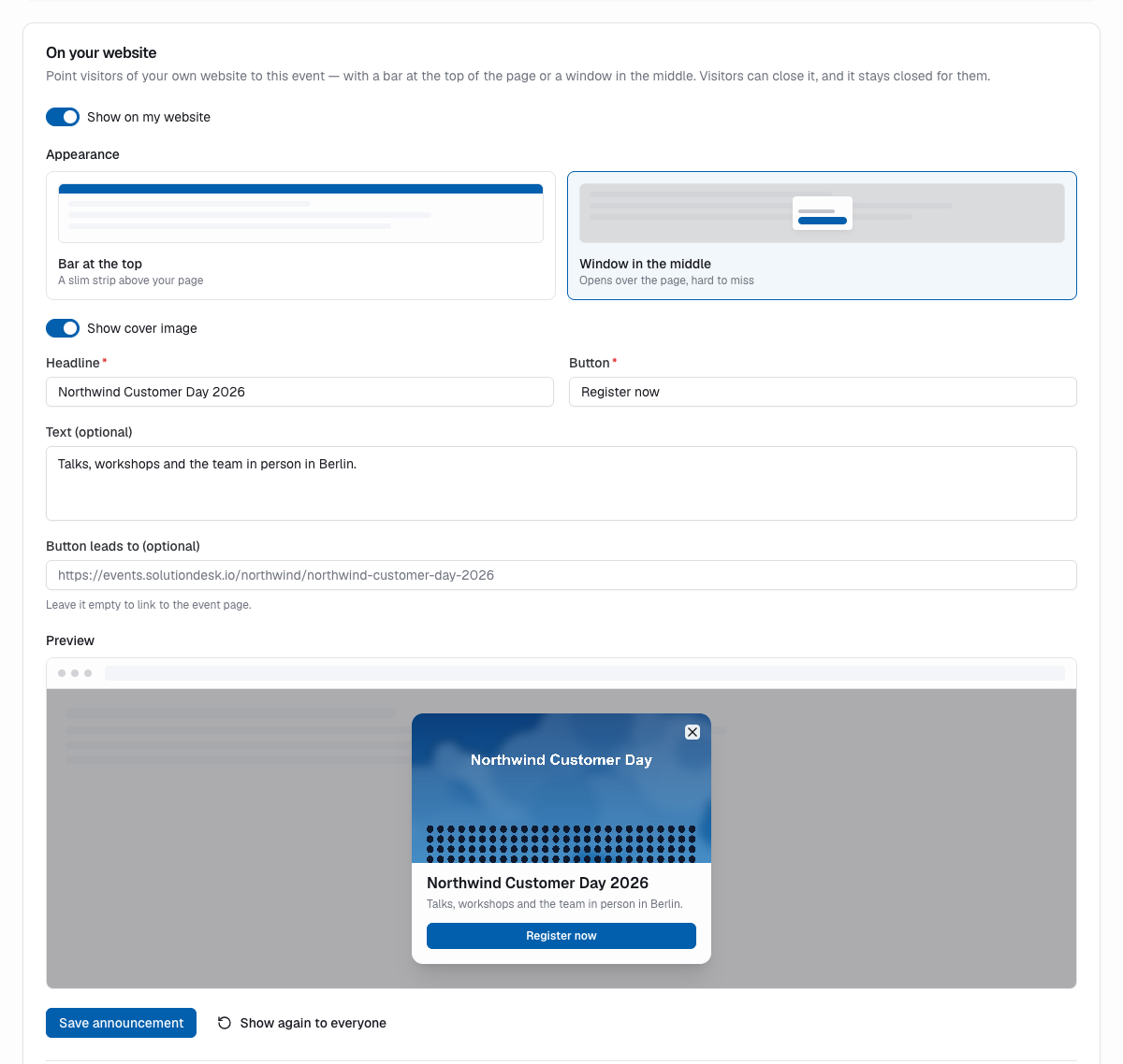 The On your website card with appearance, texts and preview