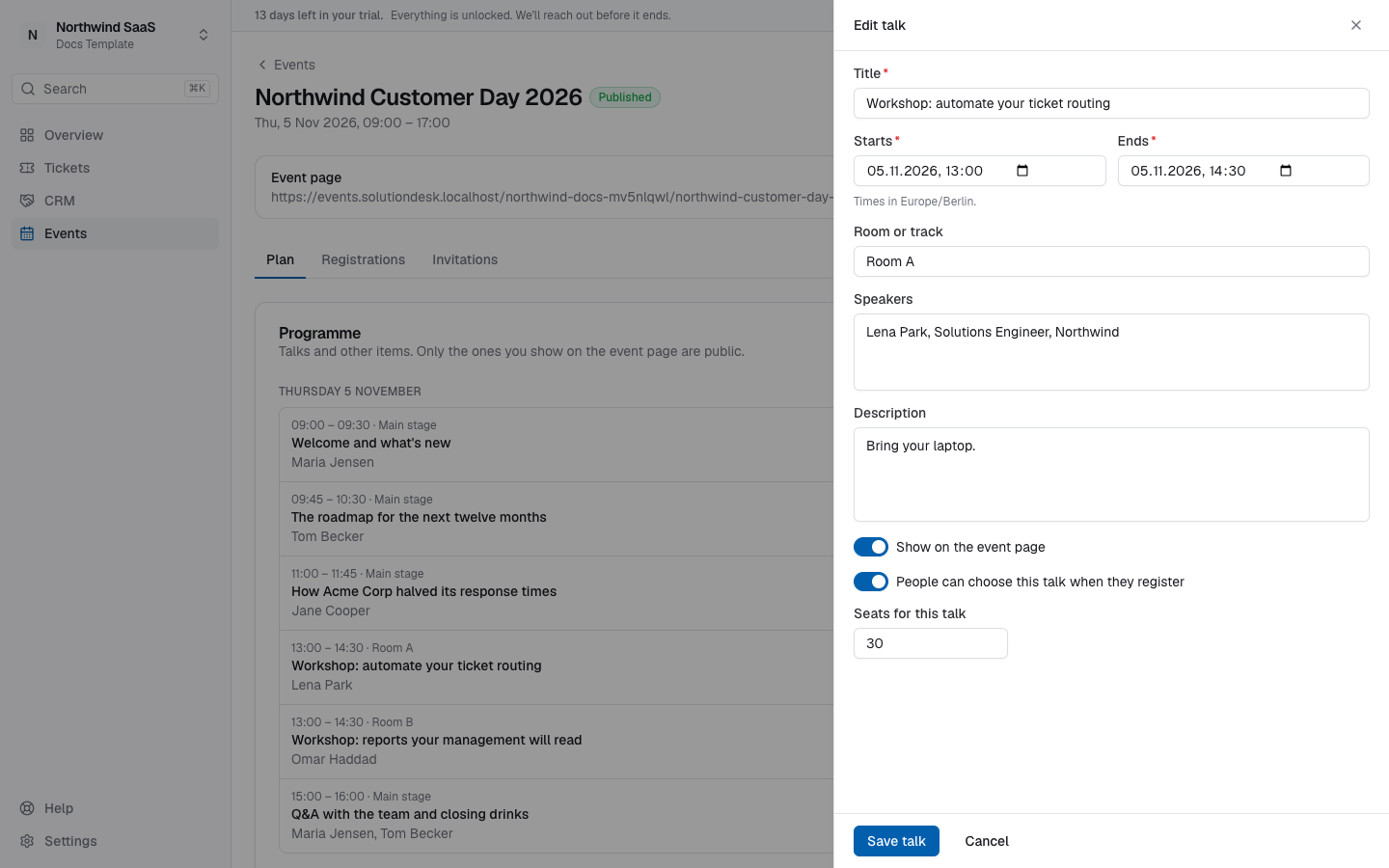 Editing a workshop people can choose when they register
