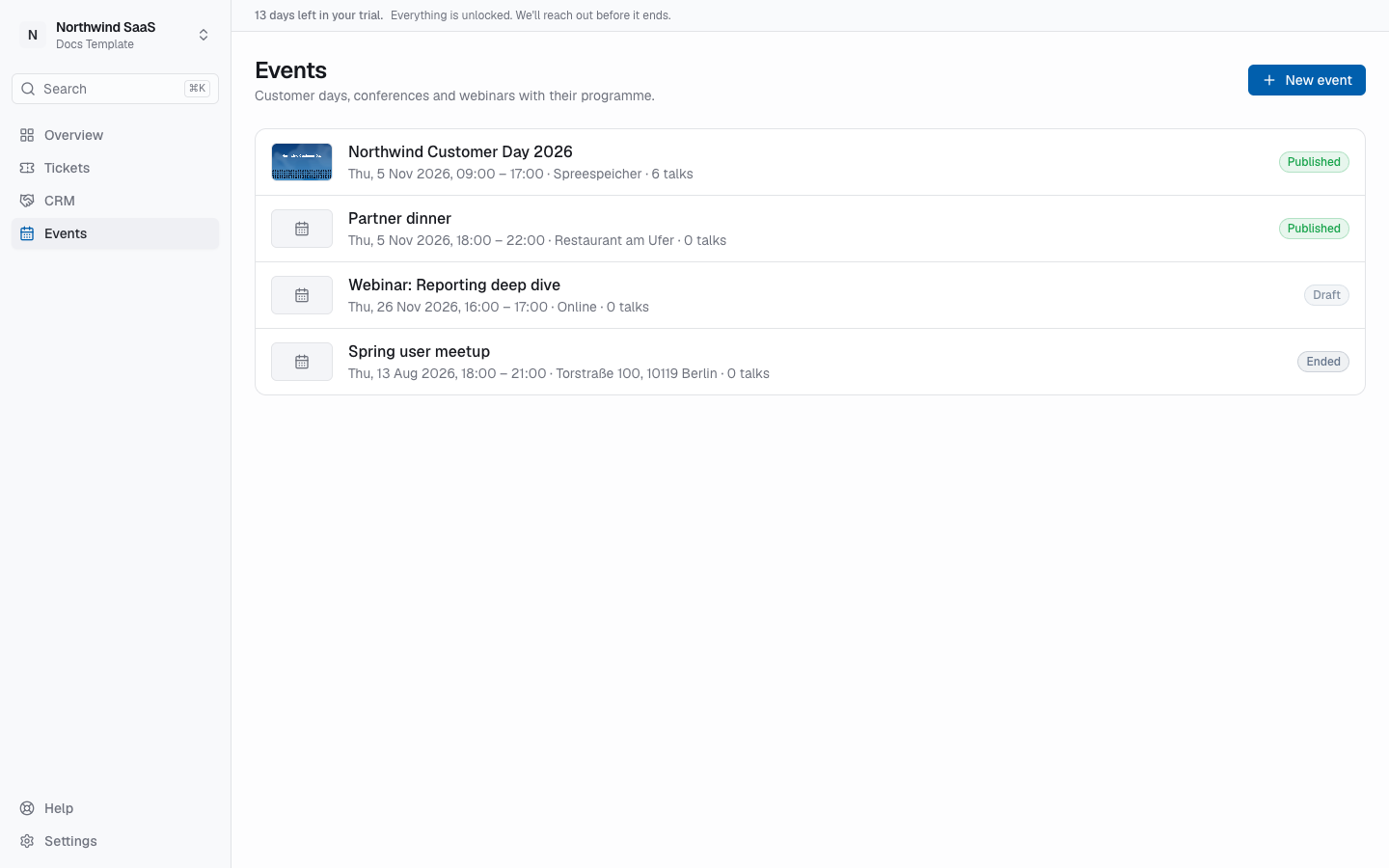 The events list with a published customer day, an invite-only dinner, a draft webinar and an ended meetup