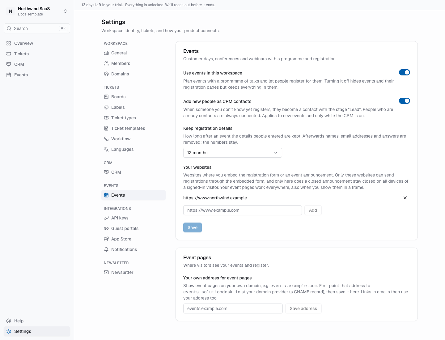 Settings → Events with events switched on, one website and the event pages address