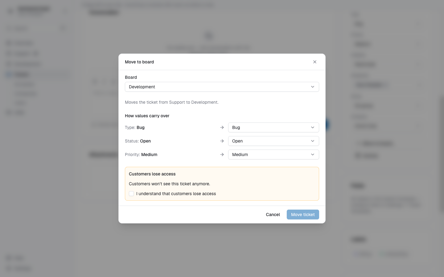 Move to board dialog with value mapping and the customer access confirmation
