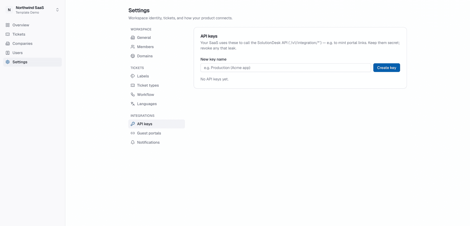 API keys settings