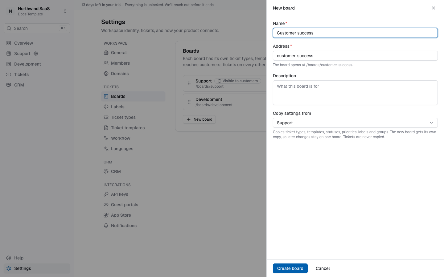 Settings → Boards with the New board sheet