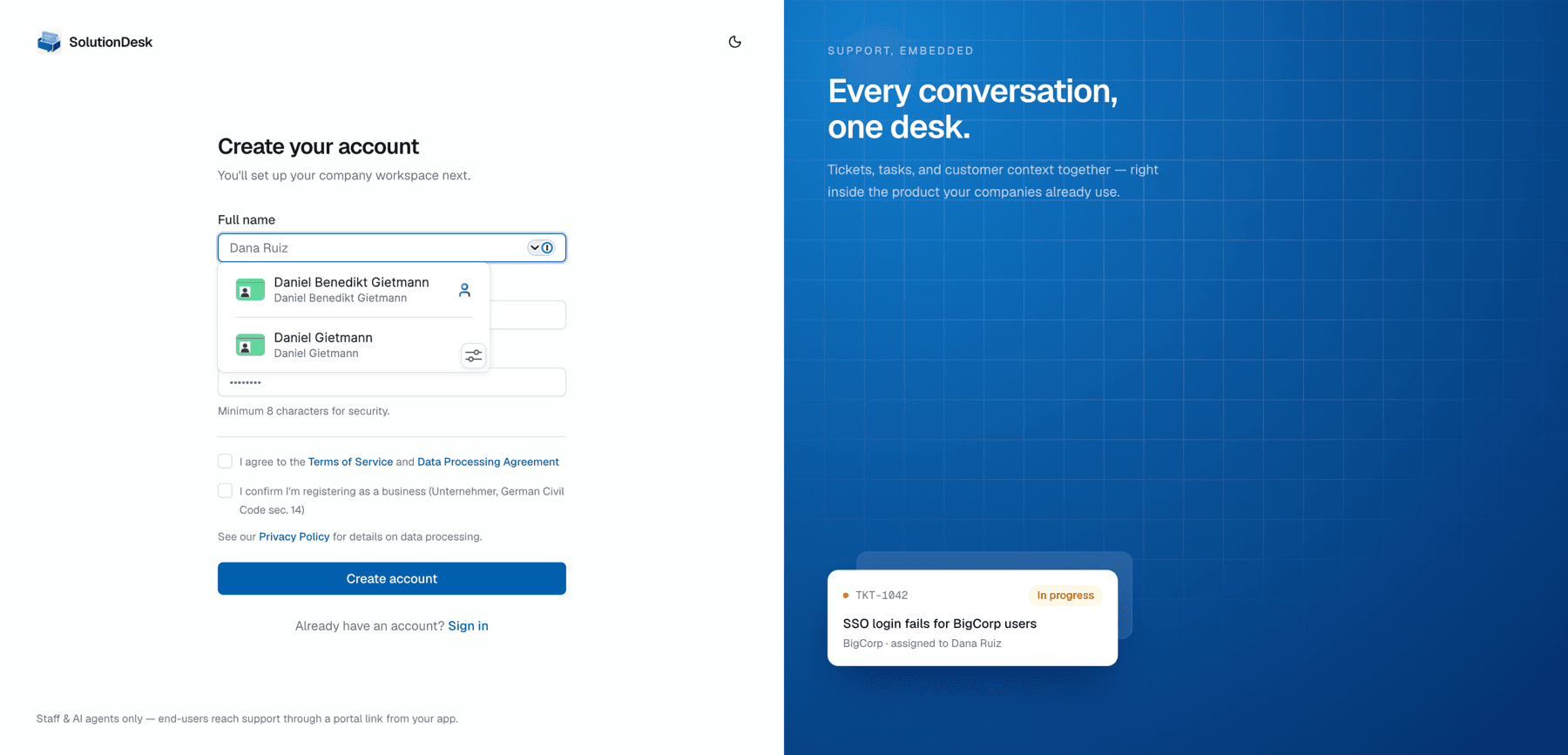Sign up screen