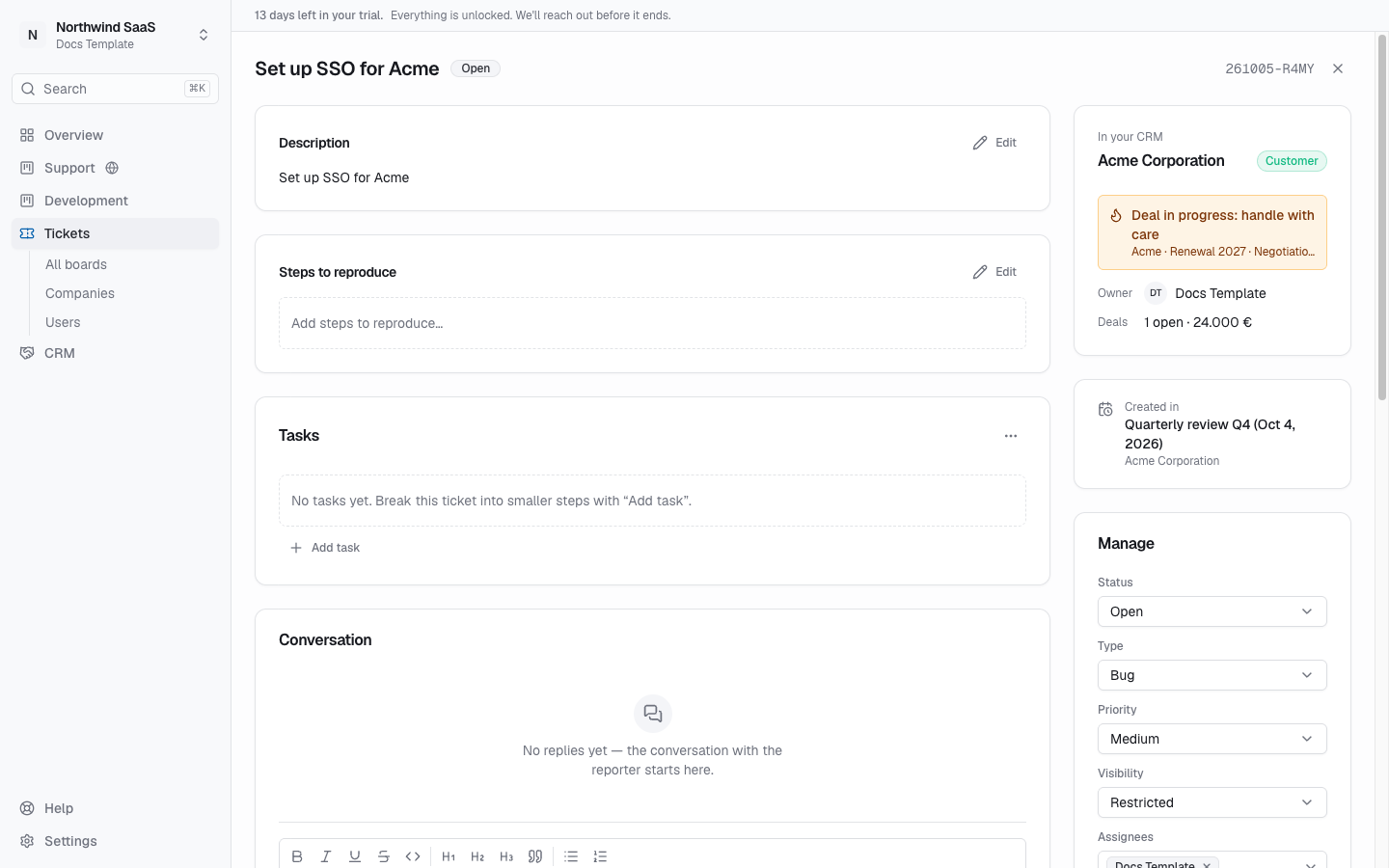 Ticket sidebar with the In your CRM card