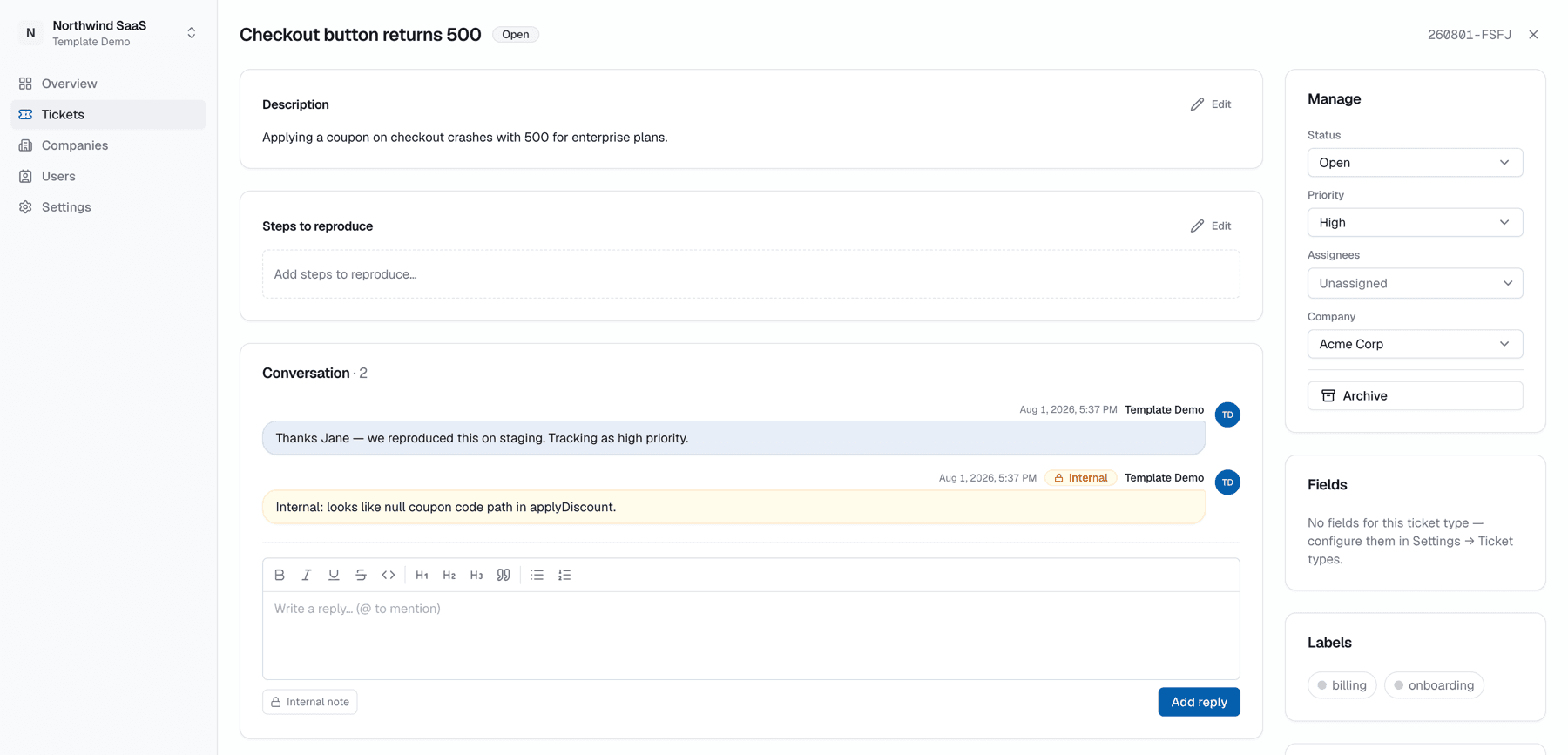 Ticket detail with conversation and sidebar
