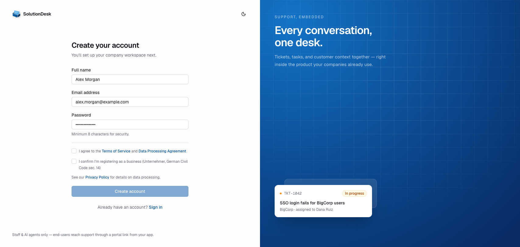 Sign up screen